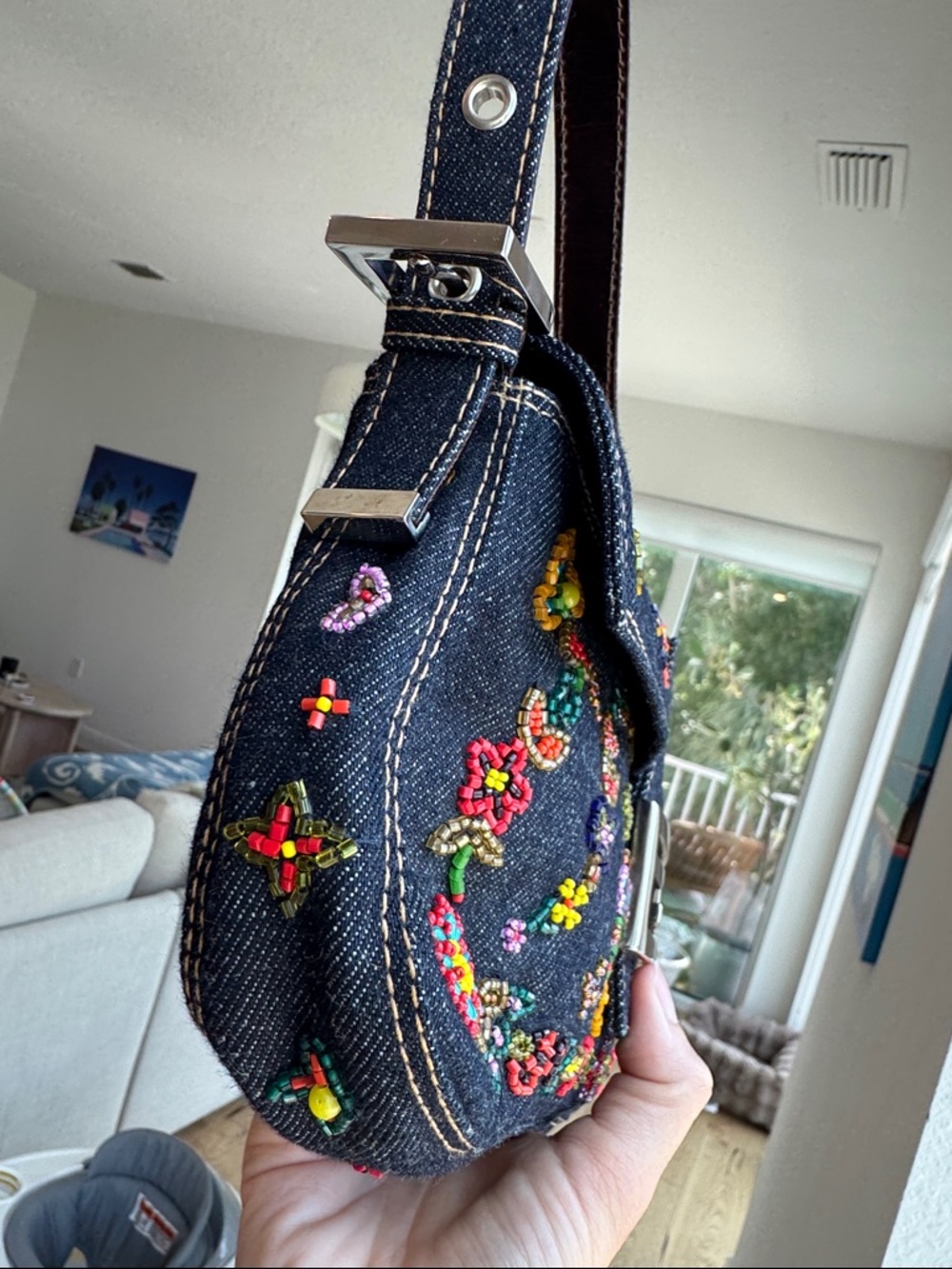 Vintage Fendi Denim Beaded Baguette Bag ✨ Rare Y2K Embellished Shoulder Bag - Picture 9 of 14
